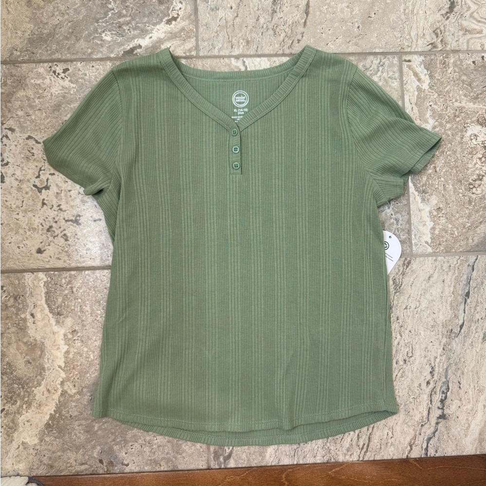 NWT Plus Size XL (14-16) Wonder Nation Green Henley Ribbed Short Sleeve Top